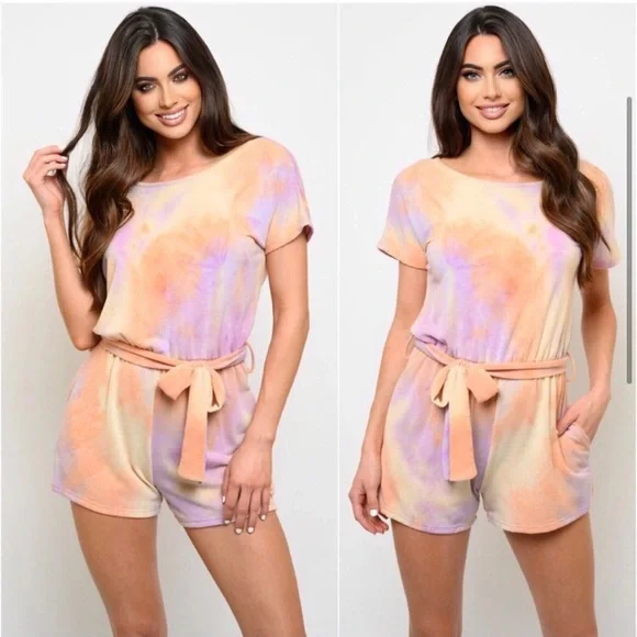 🎉LAST ONE🎉Soft coral purple tie dye women’s romper - Picture 2 of 4
